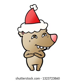 hand drawn gradient cartoon of a bear showing teeth wearing santa hat