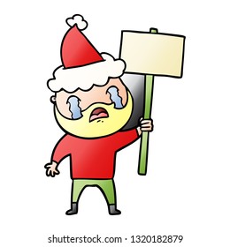 hand drawn gradient cartoon of a bearded protester crying wearing santa hat