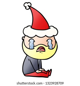 hand drawn gradient cartoon of a bearded man crying wearing santa hat