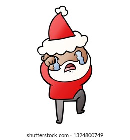 hand drawn gradient cartoon of a bearded man crying and stamping foot wearing santa hat