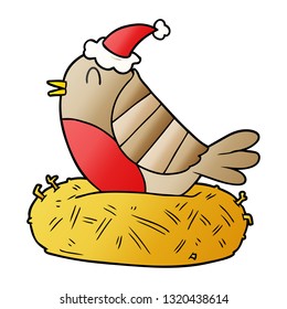 hand drawn gradient cartoon of a bird sitting on nest wearing santa hat