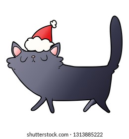handgezeichneter Farbverlauf-Cartoon einer schwarzen Katze mit Santa-Hut