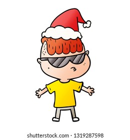 hand drawn gradient cartoon of a boy wearing sunglasses wearing santa hat