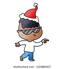 caricatura de gradiente dibujada a mano de un niño con gafas de sol apuntando con sombrero santa