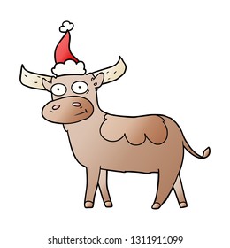 hand drawn gradient cartoon of a bull wearing santa hat