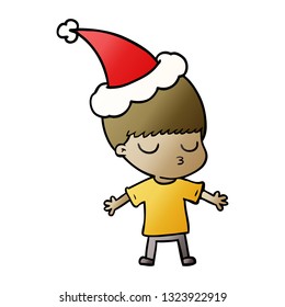 hand drawn gradient cartoon of a calm boy wearing santa hat