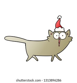 caricatura de gradiente dibujada a mano de un gato con sombrero santa