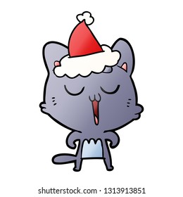 caricatura de gradiente dibujada a mano de un gato cantando con sombrero santa