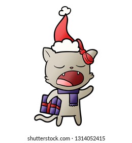 hand drawn gradient cartoon of a cat with christmas present wearing santa hat