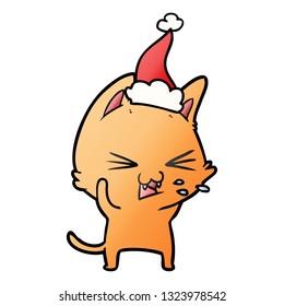 hand drawn gradient cartoon of a cat hissing wearing santa hat