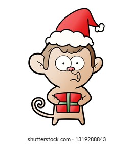 hand drawn gradient cartoon of a christmas monkey wearing santa hat