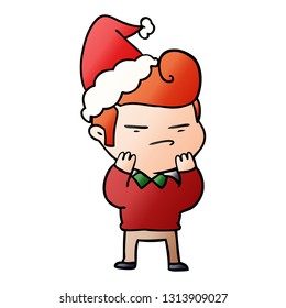 hand drawn gradient cartoon of a cool guy with fashion hair cut wearing santa hat