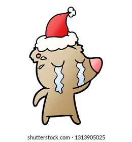 caricatura de gradiente dibujada a mano de un oso llorando usando sombrero santa