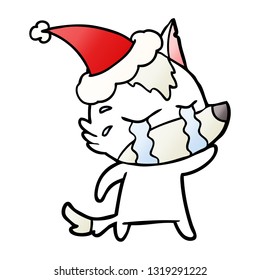 hand drawn gradient cartoon of a crying wolf wearing santa hat