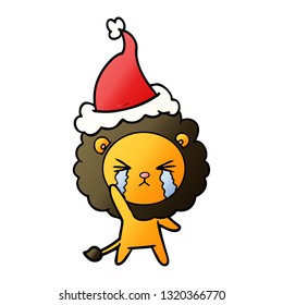 hand drawn gradient cartoon of a crying lion wearing santa hat