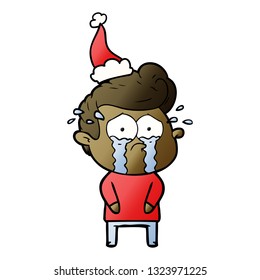 hand drawn gradient cartoon of a crying man wearing santa hat