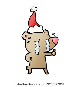 caricatura de gradiente dibujada a mano de un oso llorando usando sombrero santa