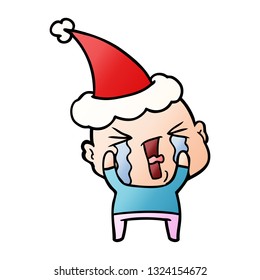 hand drawn gradient cartoon of a crying bald man wearing santa hat