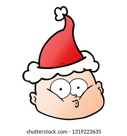 hand drawn gradient cartoon of a curious bald man wearing santa hat