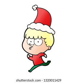 hand drawn gradient cartoon of a curious boy running wearing santa hat