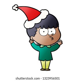 hand drawn gradient cartoon of a curious boy wearing santa hat