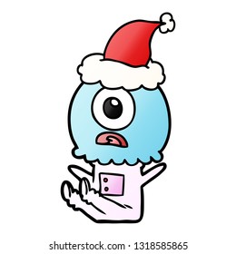 hand drawn gradient cartoon of a cyclops alien spaceman wearing santa hat
