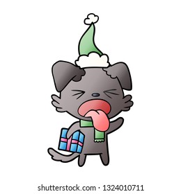 caricatura de gradiente dibujada a mano de un perro asqueado con regalo de navidad usando sombrero santa