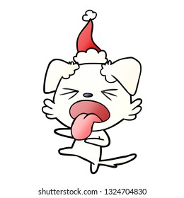 hand drawn gradient cartoon of a disgusted dog wearing santa hat