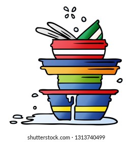 hand drawn gradient cartoon doodle of a stack of dirty plates