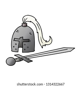 hand drawn gradient cartoon doodle of a medieval helmet and sword