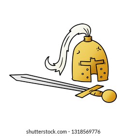 handgezeichnete Farbverlauf-Cartoon-Doodle eines mittelalterlichen Helms und Schwert