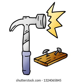 doodle de caricatura de gradiente dibujado a mano de un martillo y uñas