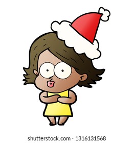 hand drawn gradient cartoon of a girl pouting wearing santa hat