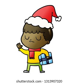hand drawn gradient cartoon of a grumpy boy wearing santa hat