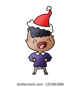 caricatura de gradiente dibujada a mano de un niño feliz riéndose usando sombrero santa