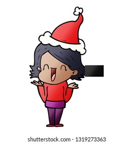 hand drawn gradient cartoon of a happy woman wearing santa hat