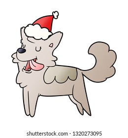 hand drawn gradient cartoon of a happy dog wearing santa hat