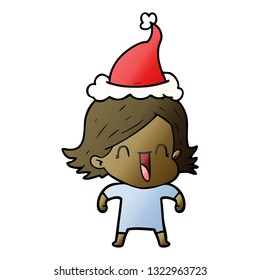 hand drawn gradient cartoon of a happy woman wearing santa hat