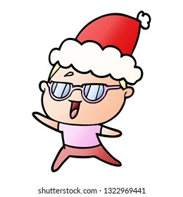 hand drawn gradient cartoon of a happy woman wearing spectacles wearing santa hat