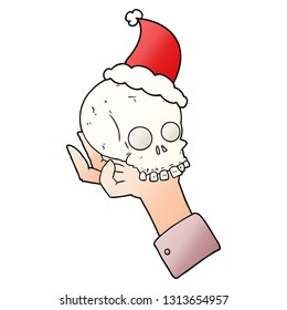 handgezeichneter Farbverlauf-Cartoon einer Hand, die einen Schädel mit Santamhut hält