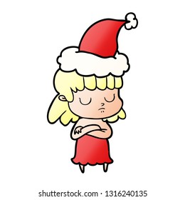 hand drawn gradient cartoon of a indifferent woman wearing santa hat