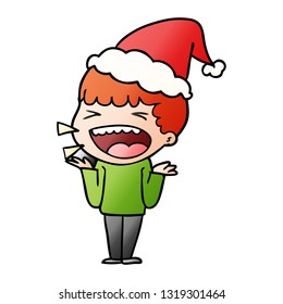 hand drawn gradient cartoon of a laughing man wearing santa hat