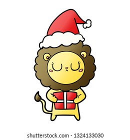 hand drawn gradient cartoon of a lion with christmas present wearing santa hat