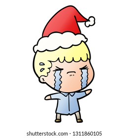 hand drawn gradient cartoon of a man crying wearing santa hat