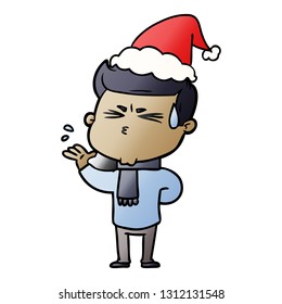 hand drawn gradient cartoon of a man sweating wearing santa hat