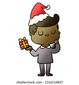 hand drawn gradient cartoon of a man wondering wearing santa hat