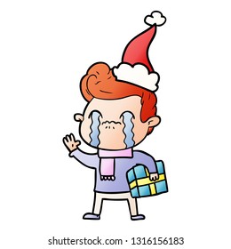 handgezeichneter Farbverlauf-Cartoon eines Mannes, der mit Santamhut weint