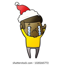 handgezeichneter Farbverlauf-Cartoon eines Mannes, der mit Santamhut weint