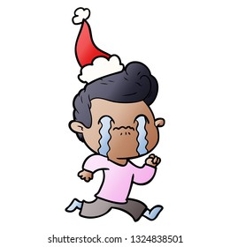 hand drawn gradient cartoon of a man crying wearing santa hat