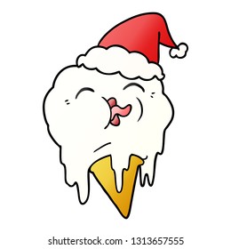 caricatura de gradiente dibujada a mano de un helado que se derrite usando sombrero santa